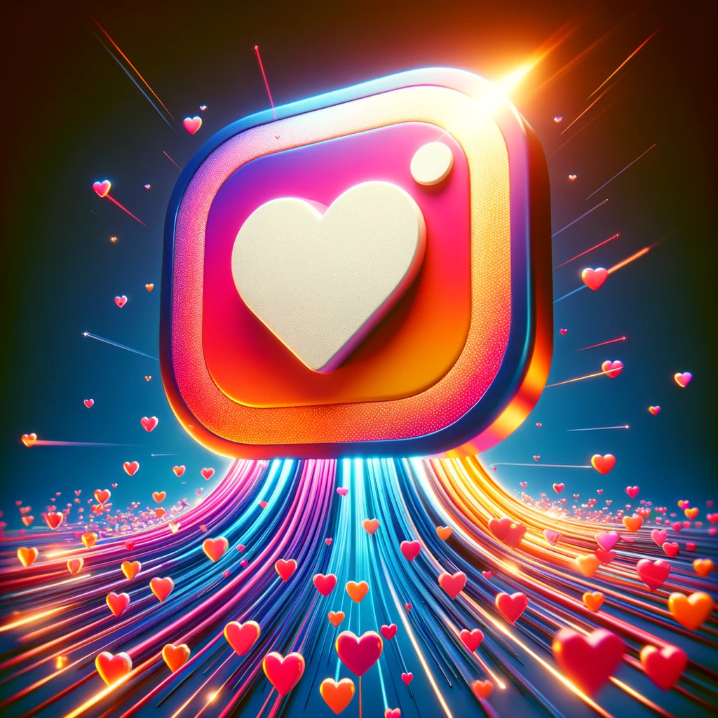 לב ענק של לייק באינסטגרם עם התפשטות של לבבות קטנים, מסמל קניית לייקים להגברת פופולריות ברשת החברתית
